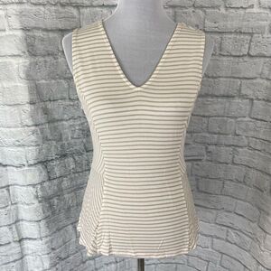 White House Black Market women M V-cut stripe hi low tank top tan white